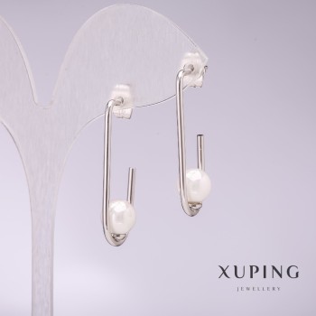Boucles d'oreilles Xuping avec des perles blanches de Majorque 33×8 mm rhodié