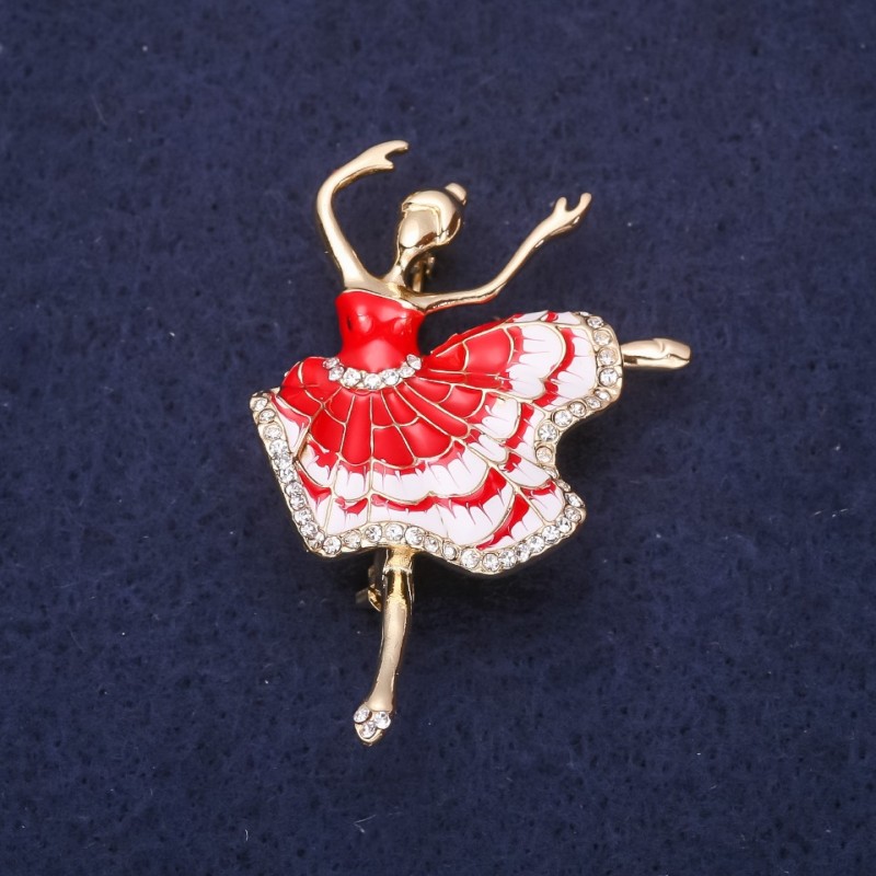 Broche Ballerine émail rouge, métal jaune, 50×34 mm
