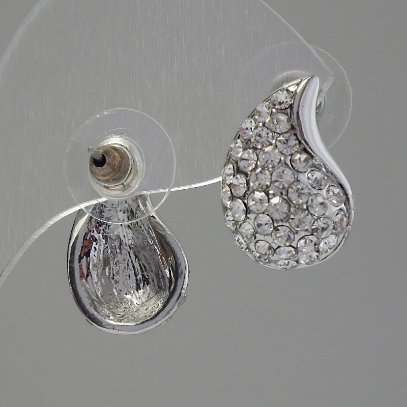 Boucles d'oreilles puce avec strass blancs, métal argenté, 12 × 18 mm
