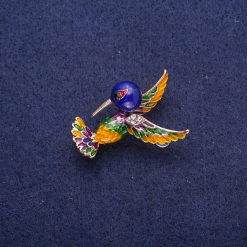 Broche Colibri émaillée avec des strass, métal doré 25 x 35 mm