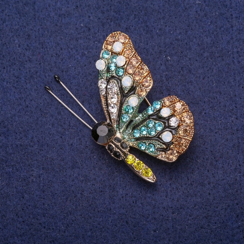Broche Papillon en strass, métal argenté 31×41 mm