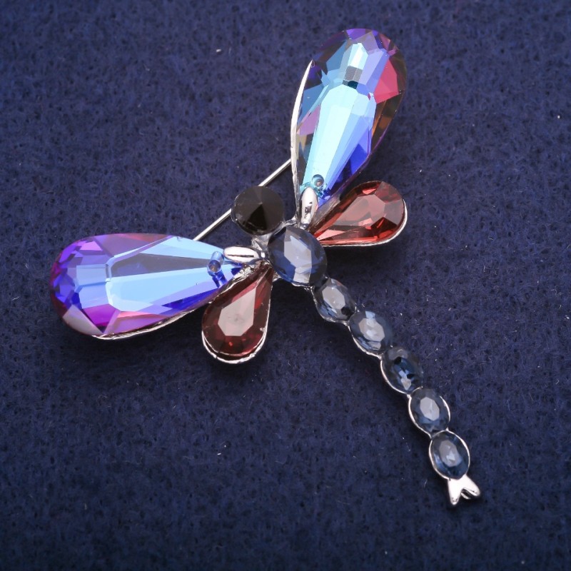 Broche Libellule en cristaux, métal argenté 52×58 mm