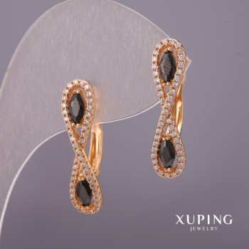 Сережки Xuping з білими стразами та чорними каменями 6х25мм Позолота 18К