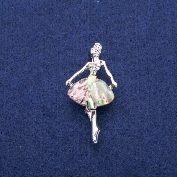 Broche ballerine avec nacre d'abalone et strass, 23 × 44 mm, métal argenté