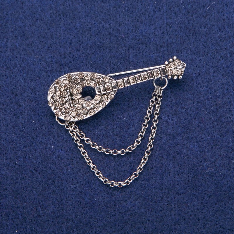 Broche Luth avec strass gris, 17×50 mm, métal argenté