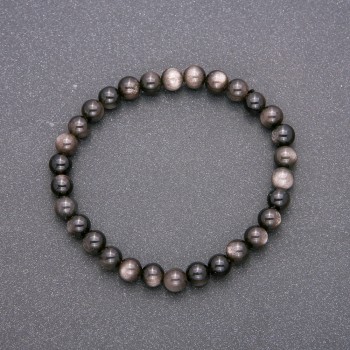 Bracelet en obsidienne argentée sur élastique, boules lisses de 6(±)mm, longueur 18 cm