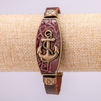 Bracelet Ancre avec inserts métalliques, longueur 21 cm, épaisseur 20 mm, cuir écologique marron, à fermoir