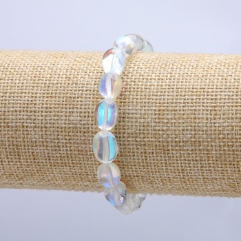 Bracelet élastique en verre opalescent « Blanc caméléon » perles facettées, diamètre 12 × 8 mm, tour de poignet 18 cm +