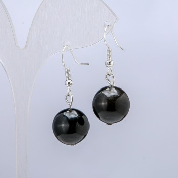 Boucles d'oreilles en obsidienne argentée, diamètre 14 mm ±, longueur 30 mm ±