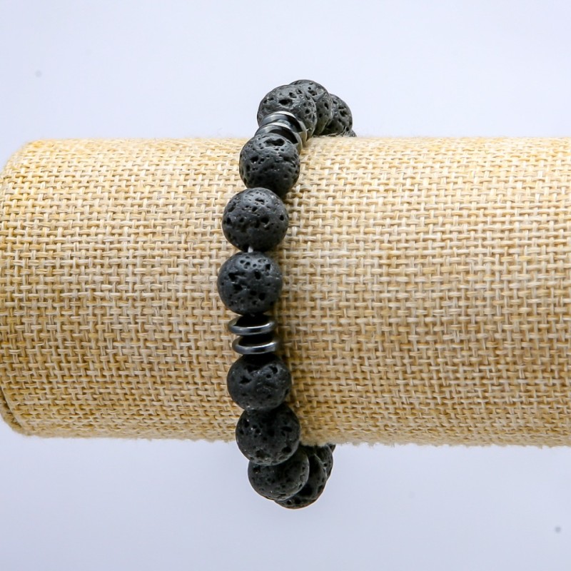 Bracelet élastique en pierre de lave, diamètre 10 mm ± avec inserts foncés