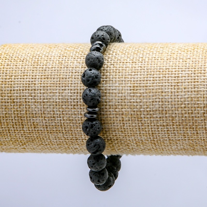 Bracelet élastique en lave, diamètre 8 mm ±, avec insertions sombres
