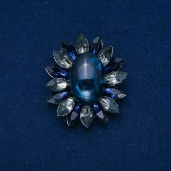 Broche Fleur 50×43 mm cabochon d'agate, couleur bleu-gris, métal argenté