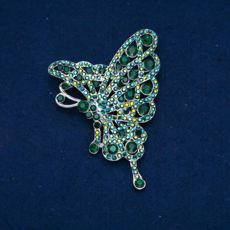 Broche papillon vert et strass pétrole, métal doré 75×50 mm +