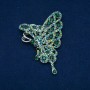 Broche papillon vert et strass pétrole, métal doré 75×50 mm +