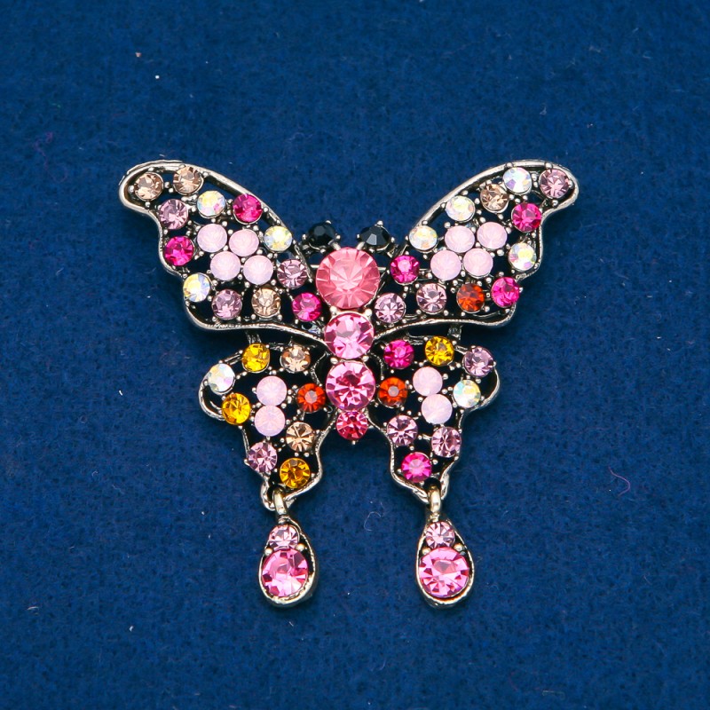 Broche papillon en métal doré, strass multicolores 48×60 mm +