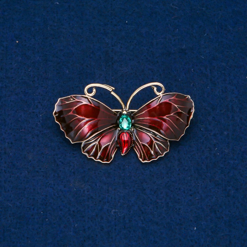Broche Papillon en métal doré, émail, strass vert 48 × 27 mm +