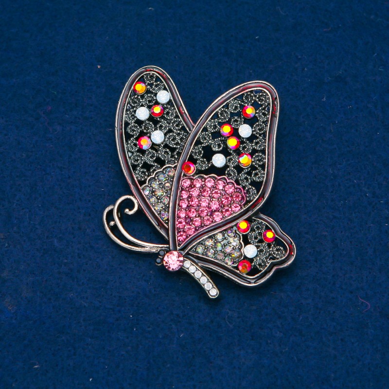 Broche Papillon en métal doré, strass multicolores 50×60 mm +
