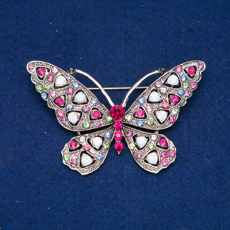 Broche Papillon doré en métal, strass multicolores 46×70 mm +
