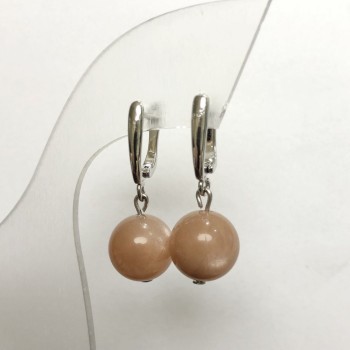 Boucles d'oreilles en pierre naturelle de sélénite, bille lisse, diamètre 12 mm +/-, longueur 32 mm +/-