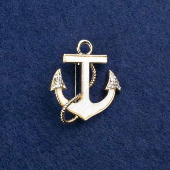 Broche Ancre doré métal, nacre et strass 30×28 mm +