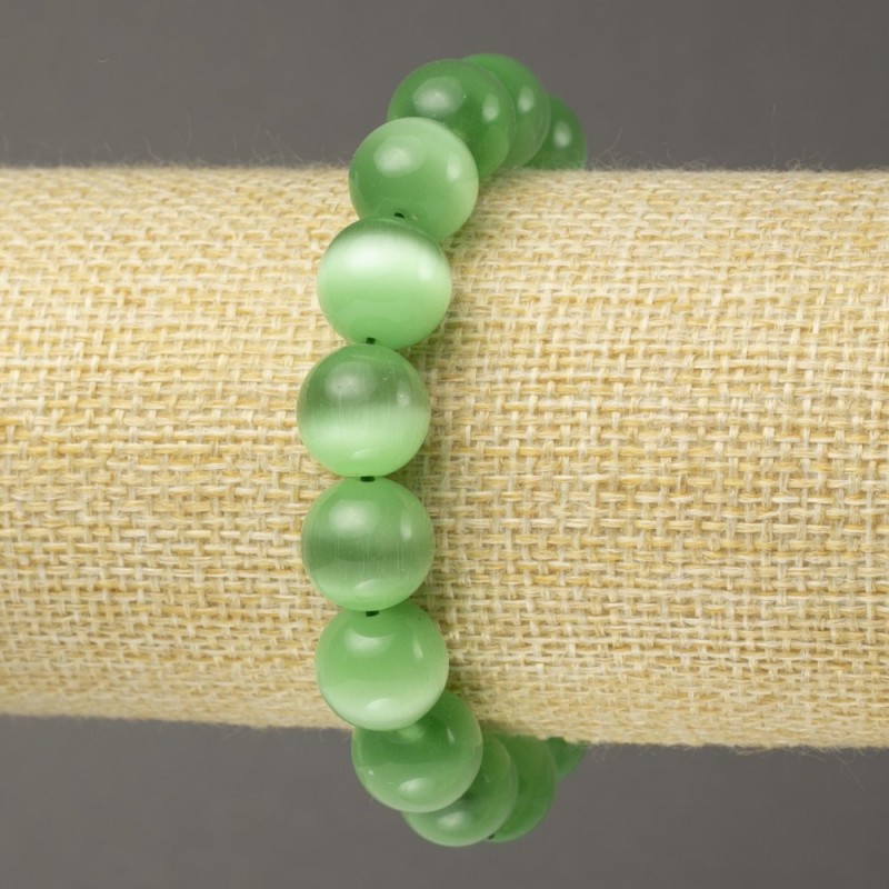 Bracelet élastique Œil de chat vert, boule lisse, diamètre 12 mm+