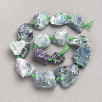 Perles brutes de fluorite montées sur fil, galetées, diamètre 20 x 25 mm (±), longueur 42 cm