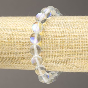 Bracelet élastique en verre opalescent blanc transparent, diamètre 10 mm +-, longueur 18 cm +-
