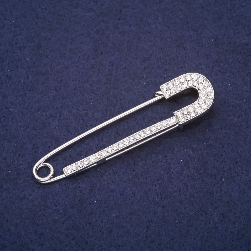 Broche-épingle à strass blancs 72×18 mm, métal argenté