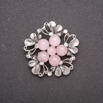 Broche en quartz rose, boutonnière couleur métal gris, 40 mm