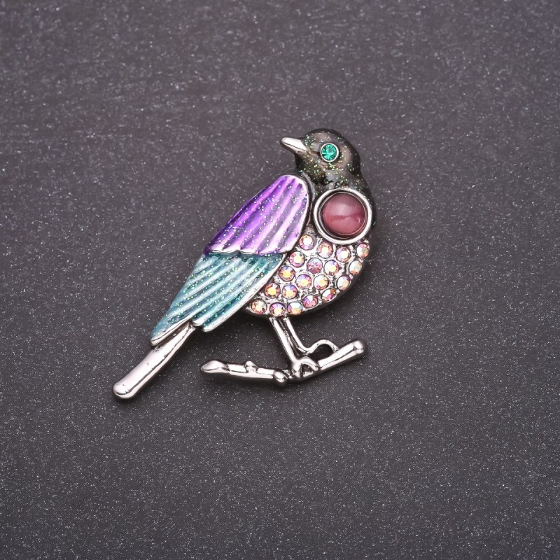 Broche Mésange strass «benzine» 33×33 mm métal gris