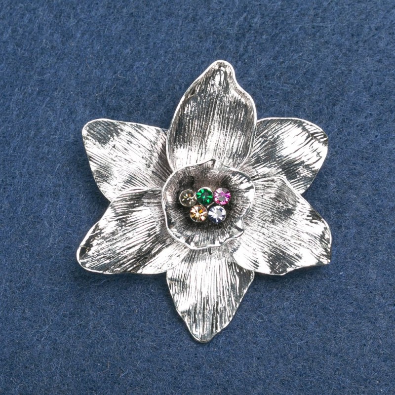 Broche Fleur en métal argenté, strass multicolores, 50 mm +