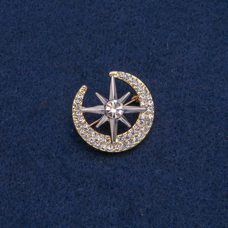 Broche dorée Lune avec Étoile argentée, strass blancs et pierre 28×26 mm +
