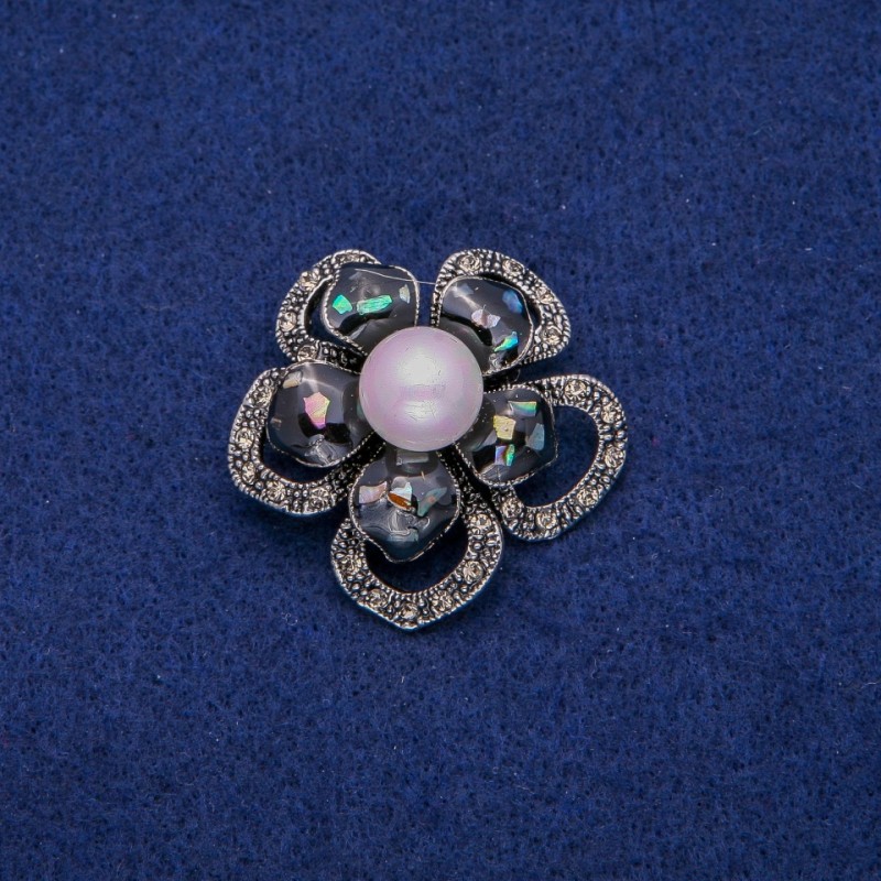 Broche «Fleur» avec nacre d'haliotite et strass, 36 mm, métal argenté
