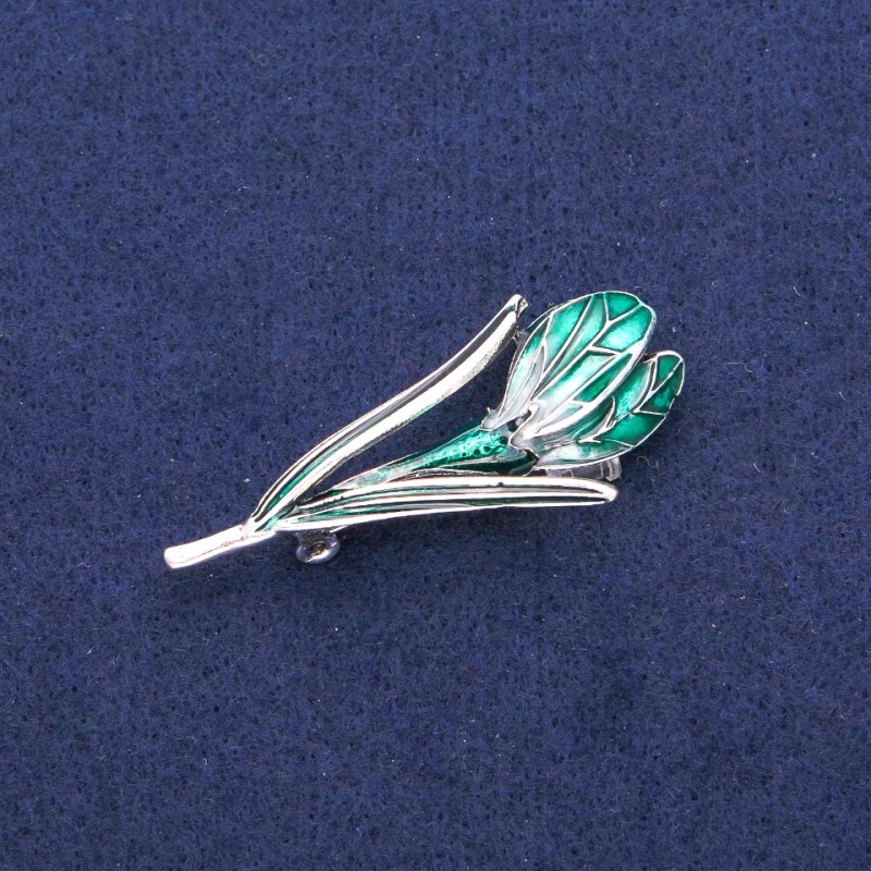 Broche-pendentif Fleur verte émaillée, métal argenté 25×50 mm