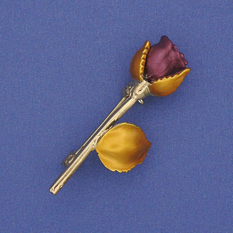 Broche Rose bordeaux et jaune émaillée, métal doré, 42×16 mm