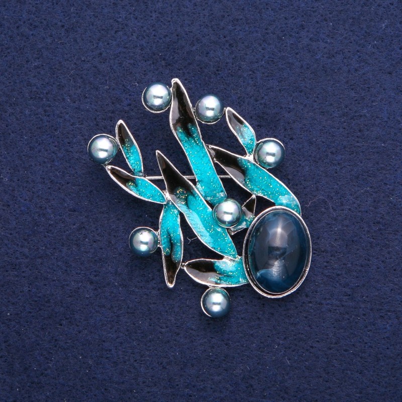 Broche Feuilles avec Perle, émail bleu, métal argenté 38×53 mm