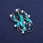 Broche Feuilles avec Perle, émail bleu, métal argenté 38×53 mm
