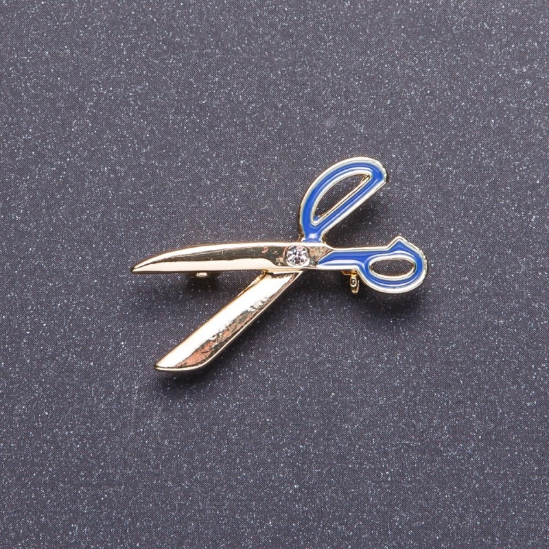 Broche «Ciseaux» émail bleu et doré 3,5 × 1,8 cm
