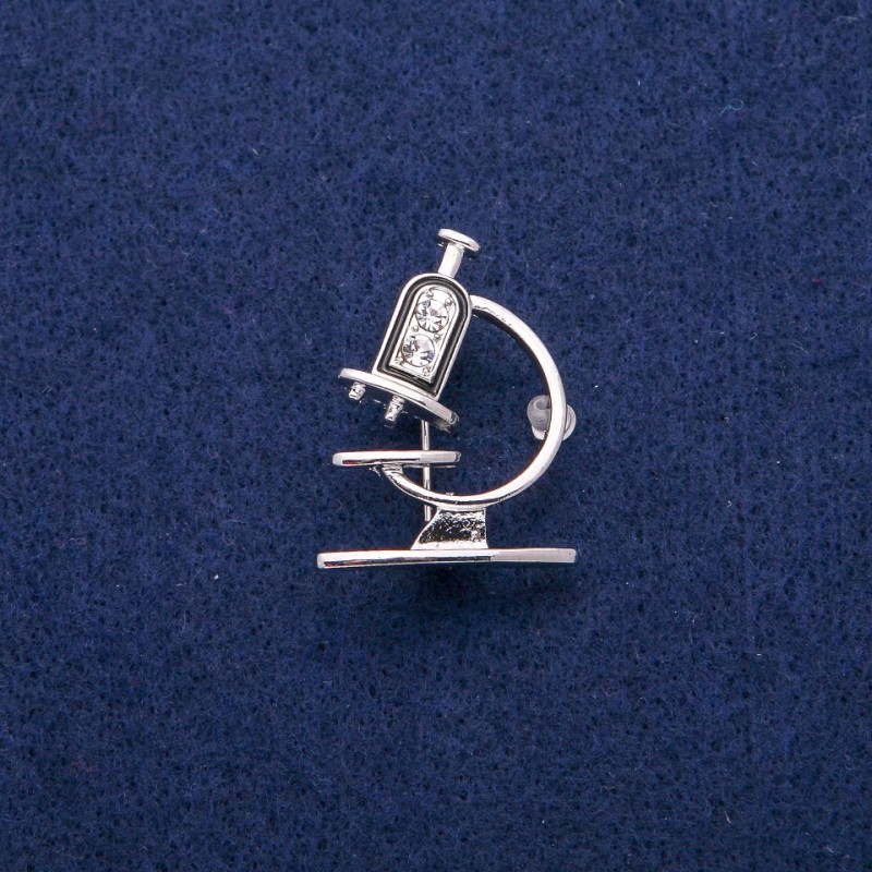 Broche Microscope avec émail et strass, 24×31 mm, métal argenté