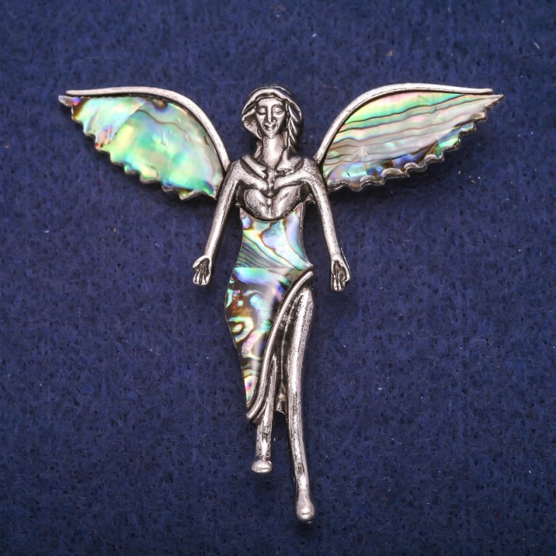 Broche Ange avec incrustation naturelle d’Haliotis, métal argenté 59×60 mm