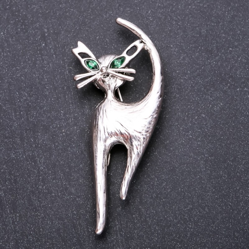 Broche Chat avec strass verts 77 × 32 mm, métal gris