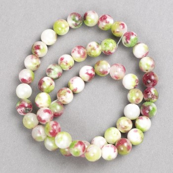 Perles acryliques « Tourmaline » vert foncé, rose et blanc (artificielles) sur fil, perles lisses, diamètre 8 mm ±, longueur 40 cm ±