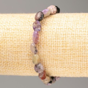 Bracelet en charoïte naturel sur élastique, perles galetées, diamètre 9×7 mm (±), tour de poignet 18 cm