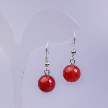 Boucles d'oreilles en jaspe rouge (artificiel) boule lisse, diamètre 12 mm, longueur 3 cm