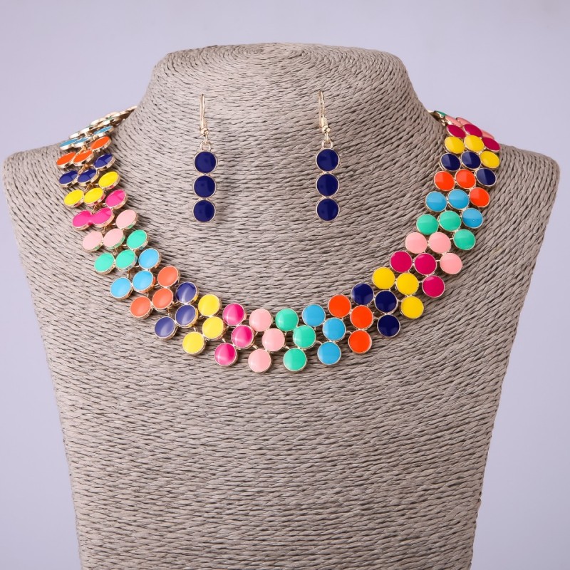 Ensemble collier et boucles d'oreilles en émail multicolore, longueur 45–50 cm