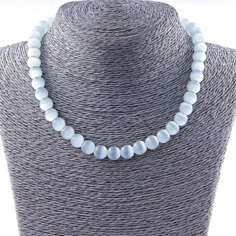 Collier œil-de-chat, billes de 10 mm, couleur gris, longueur 40 cm