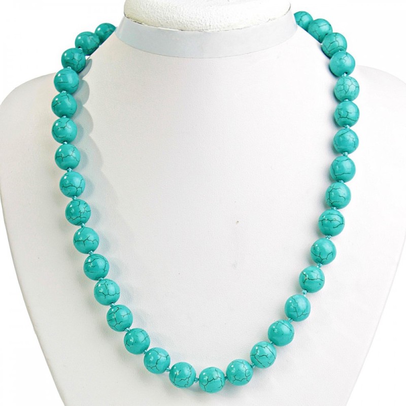 Collier en turquoise verte veinée, perles 12 mm, 46 cm