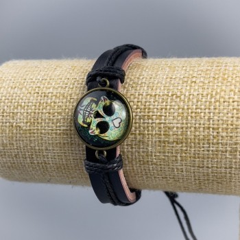 Bracelet en cuir écologique, tête de mort avec cœur, à cordons de serrage, 1 pièce