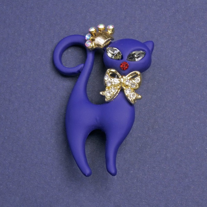Broche Chaton bleu mat avec strass et métal argenté 43×29 mm+