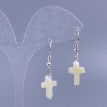 Boucles d'oreilles en nacre blanche en forme de croix, diamètre 10 × 15 mm, longueur 36 mm+